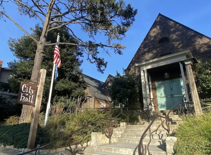 City Hall, which is a colonial-style building in Carmel-by-the-Sea, CA