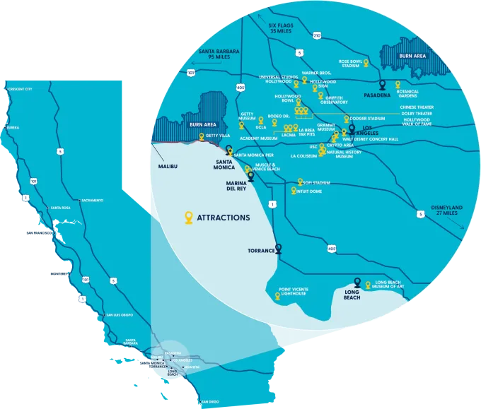Map of burn areas in Los Angeles after the January 2025 wildfires