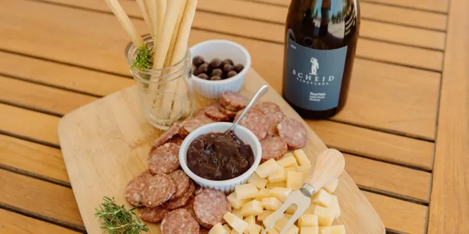 Charcuterie and wine at Scheid Vineyards in Greenfield, California