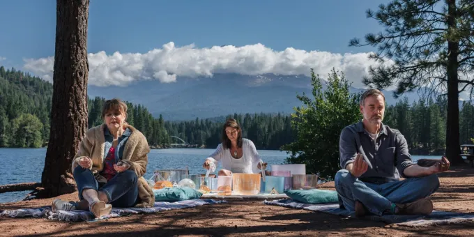 Will Forte and his mother experiencing a sound bath at Lake Siskiyou, California
