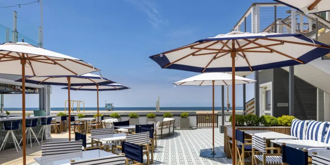 Patio seating at the Sea Sprite Beach Club in Hermosa Beach, California