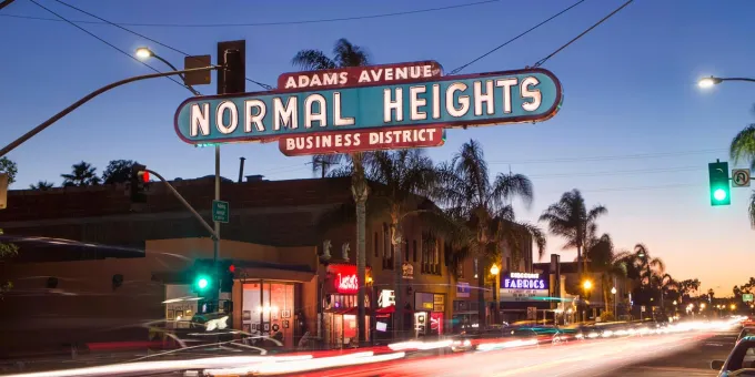 Neon sign for Normal Heights in San Diego, California