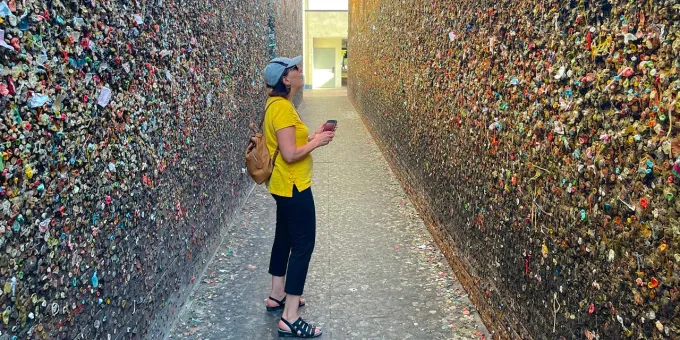 A woman takes in Bubblegum Alley in San Luis Obispo, California
