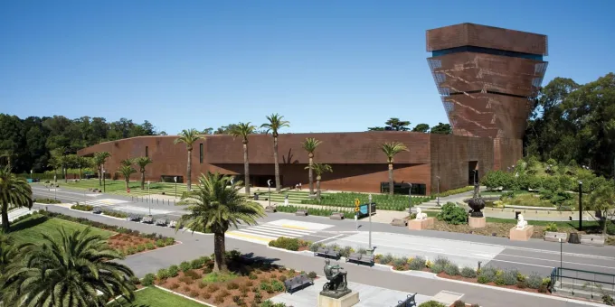 A view of the De Young museum in San Francisco's Golden Gate Park